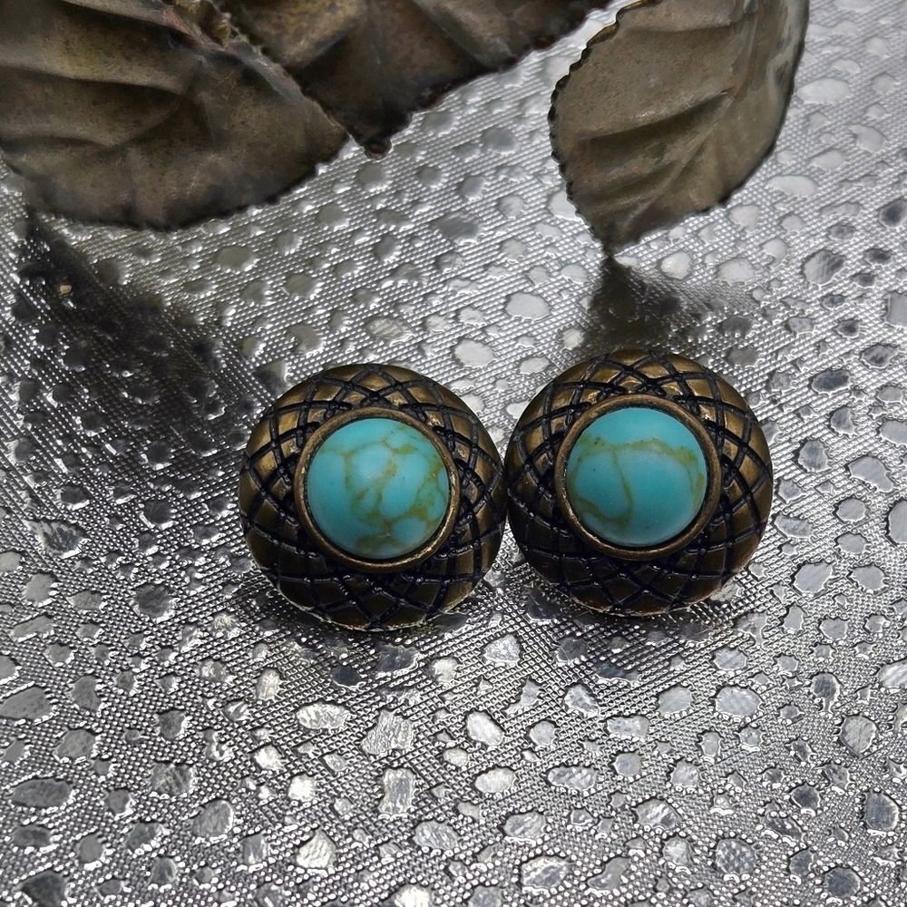 "5/$25" Brass Tone Gaux Turquoise Stud Post Round Southwestern Style Earrings - Picture 4 of 7